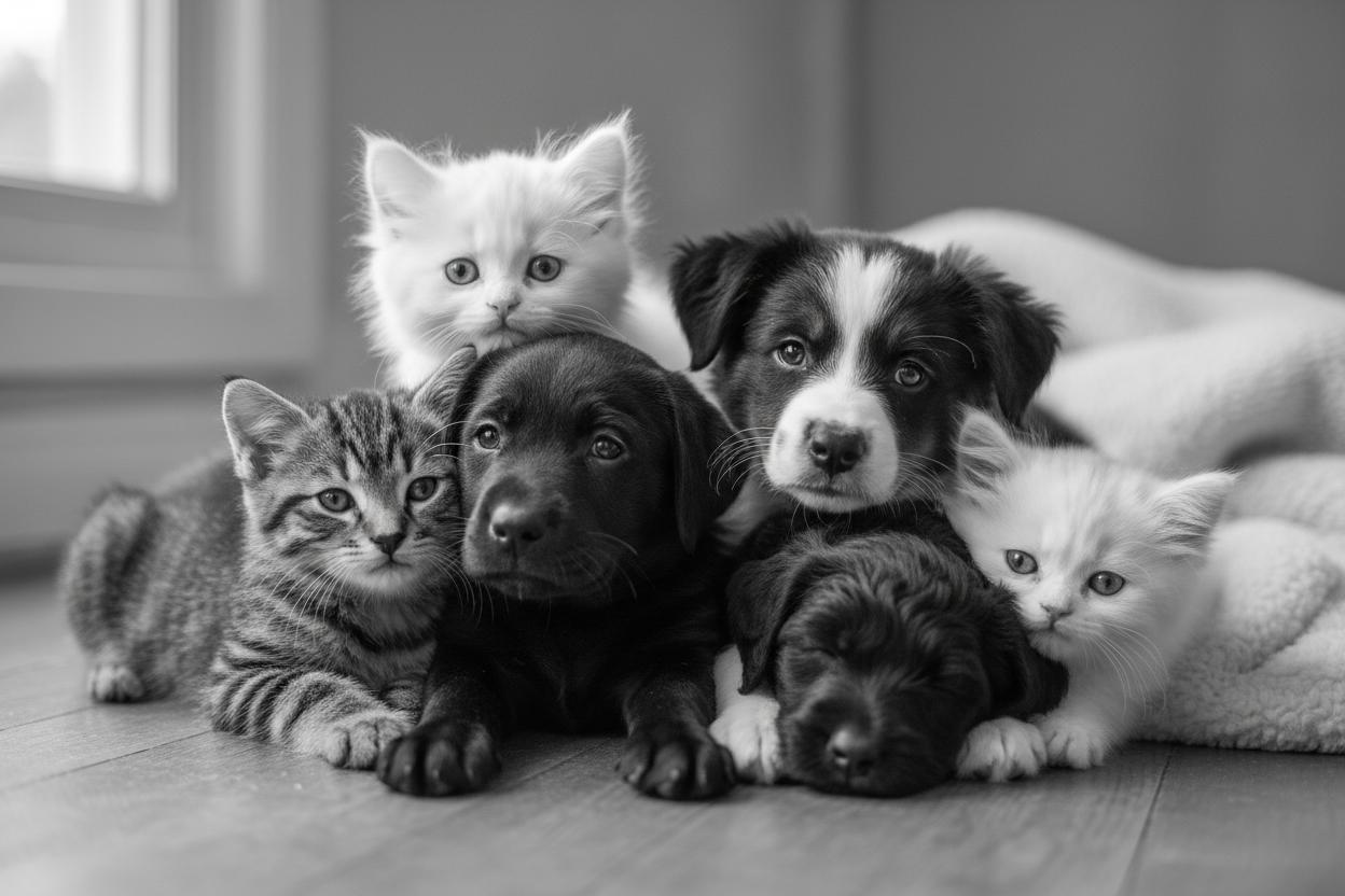 generame una imagen de mascotas como perros y gatos juntos, que sean tiernos en una paleta de colores como gris, negro y blanco y que sea realista